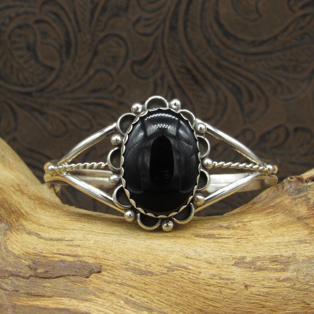 *Sterling Silver Flower Onyx Cuff Bracelet