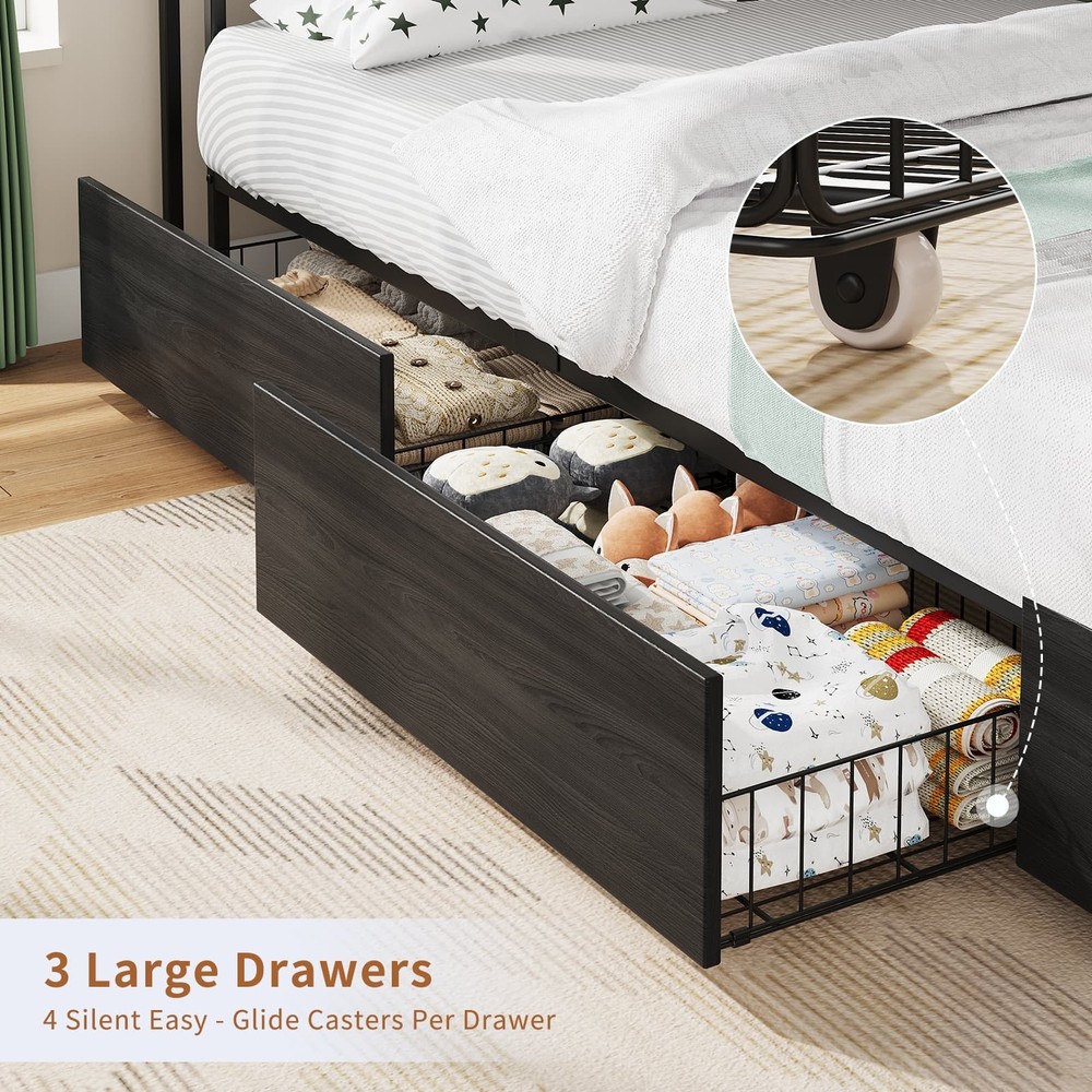 Twin Corner Bed Frame with LED Headboard, Charging Station, Storage Drawers, Bla