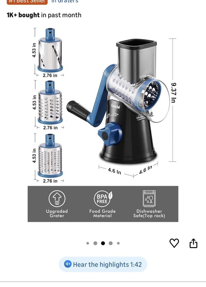 Geedel Rotary Cheese Grater with 3 Interchangeable Blades, Kitchen Mandoline ...