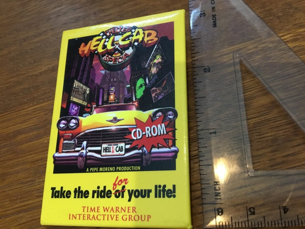 CHECKER HELL CAB SPECIAL CD-ROM TIME WARNER INTERACTIVE PINBACK BUTTON 2X3  INCH