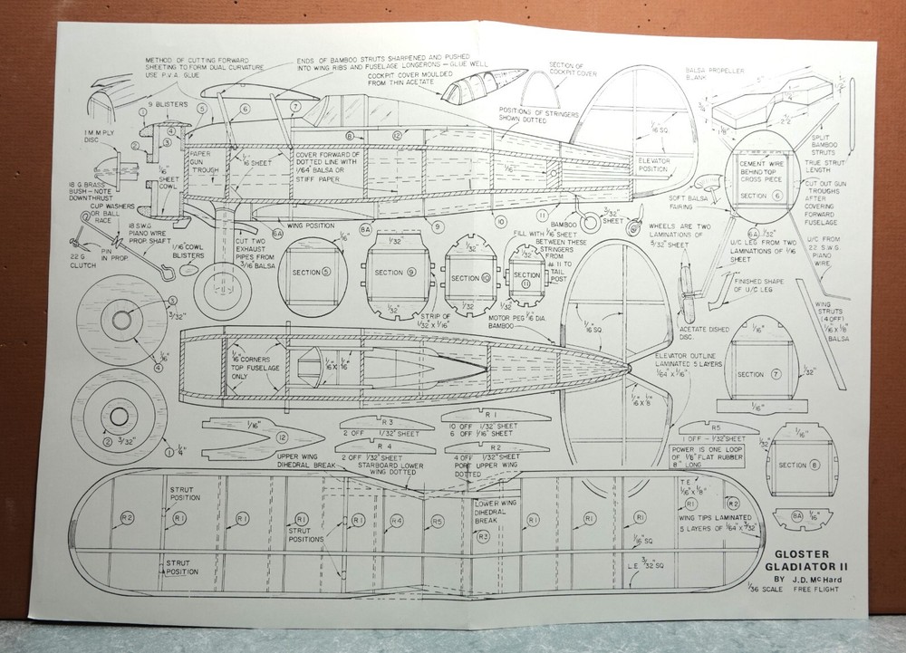 GLOSTER GLADIATOR II BALSA FREE FLIGHT MODEL AIRPLANE PLANS 12" WINGSPAN