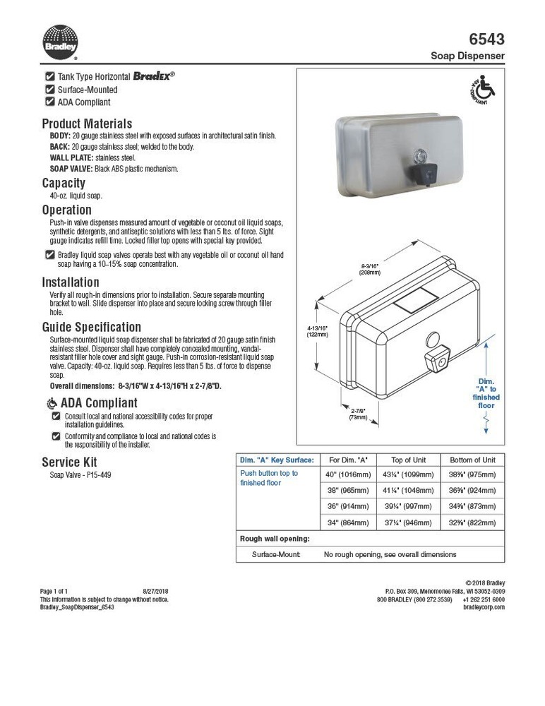 Bradley Model 6543 Soap Dispenser - Horizontal