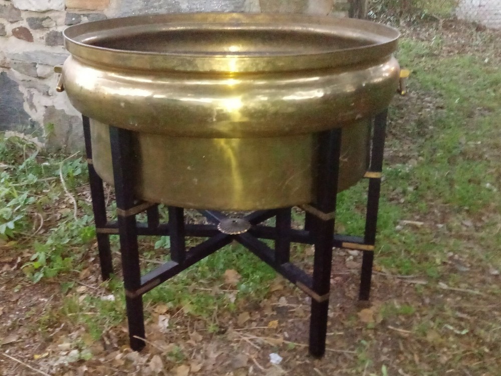 HUGE COPPER BRASS PLANTER POT STAND HANDLES INSERT COFFEE TABLE BASE