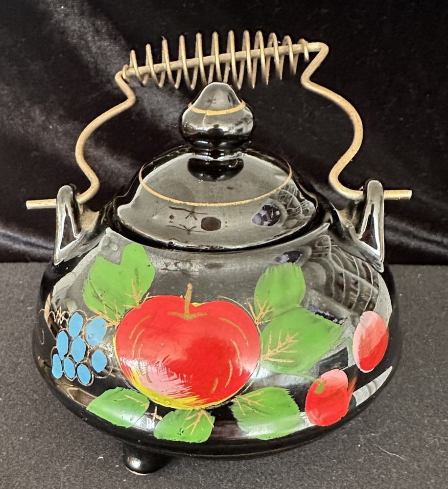 Vintage RELCO Black Sugar Bowl with Hand Painted Fruit & Wire Handle
