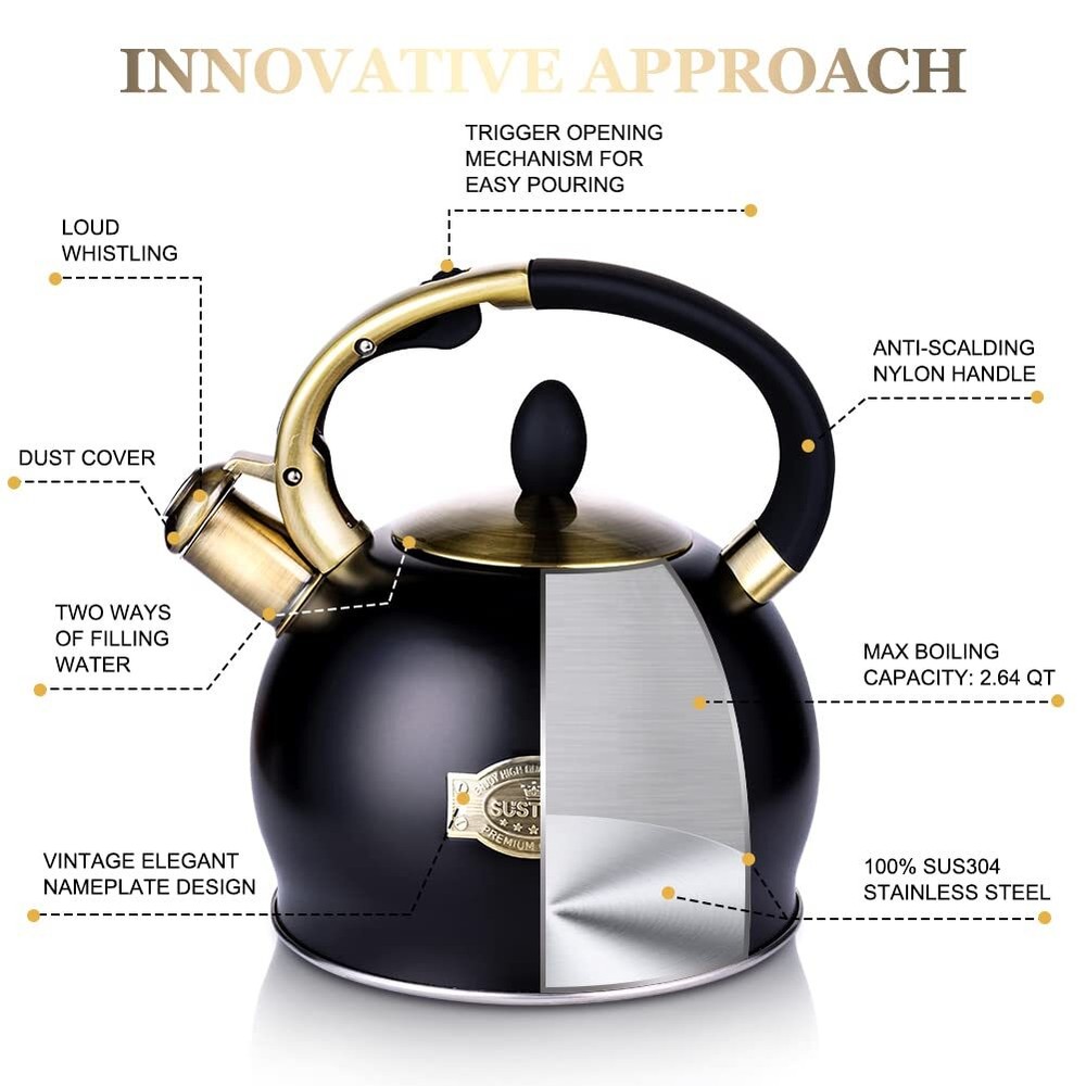 Whistling Tea Kettle 2.64 Quart Food Grade Stainless Steel with Silicone Mitt