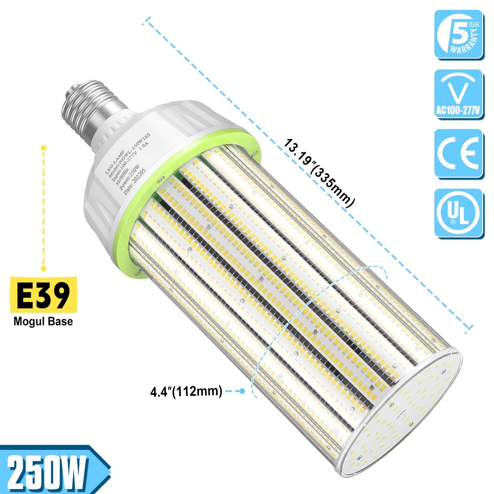 250W LED Corn Light Bulb Warehouse Garage Industrial High Bay Fixture 37,500Lm