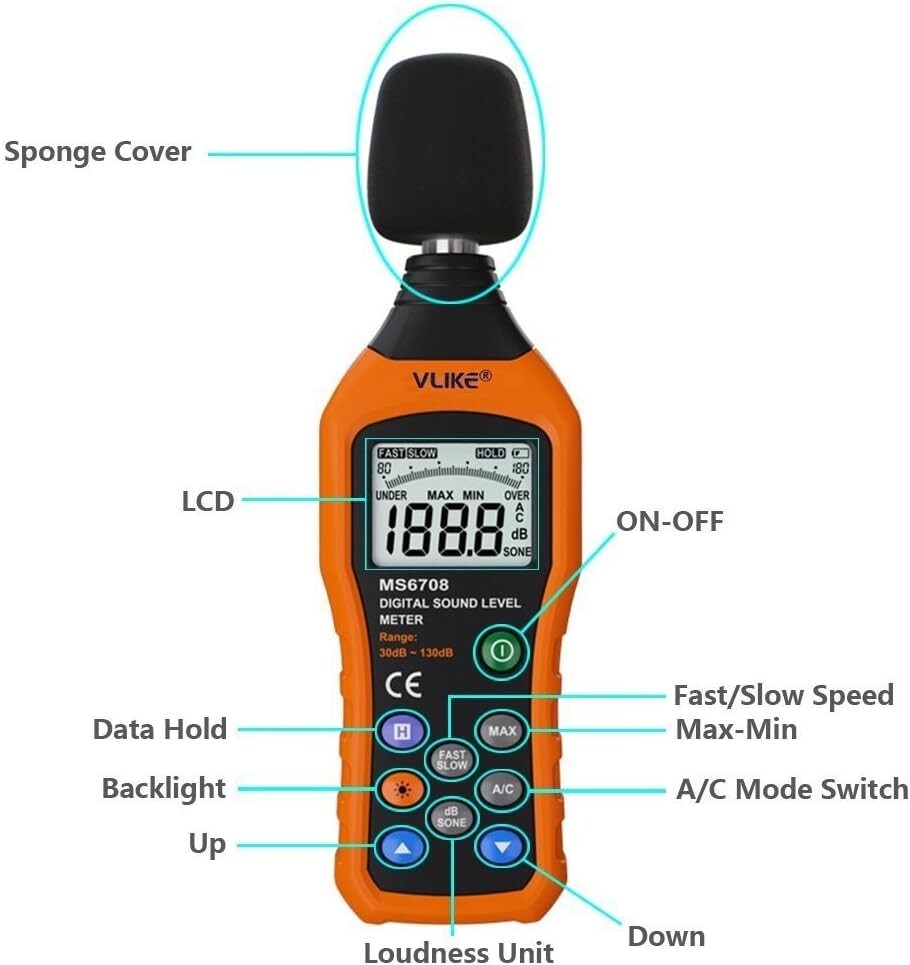 Mini Handheld Decibel Meter - A/C Mode, Anti-Drop Design, Power Saving Features