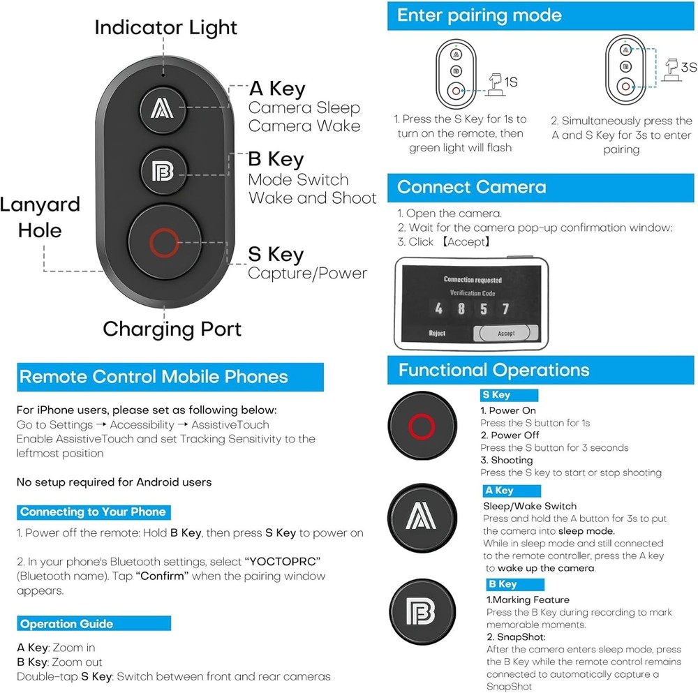Wireless Remote Controller for DJI Osmo 360/Action 6/5 Pro/4