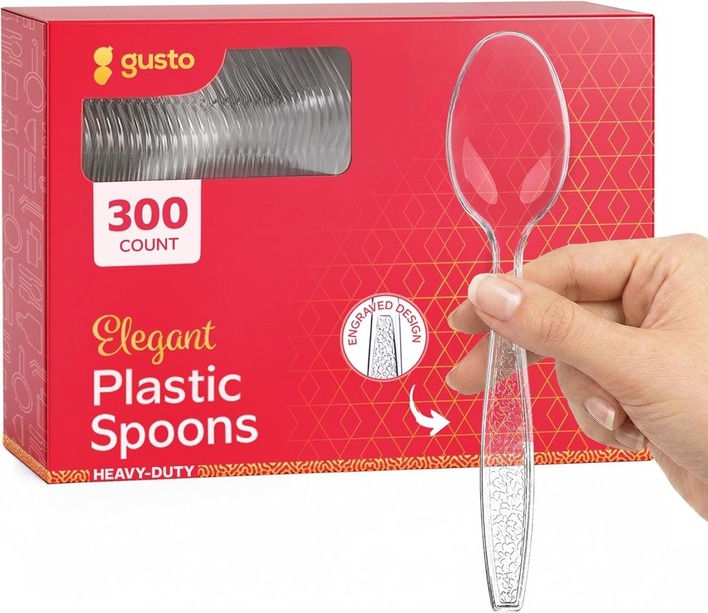 [] Heavyweight Clear Plastic Tea Spoons with Engraved Design -