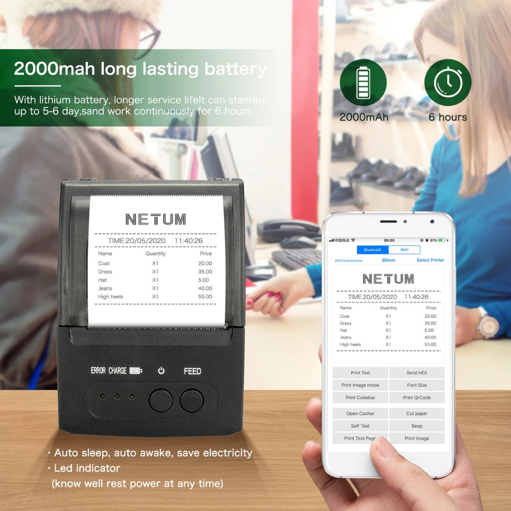 NETUM 1809 Mini Portable 58mm Bluetooth Thermal Receipt Printer Support Android