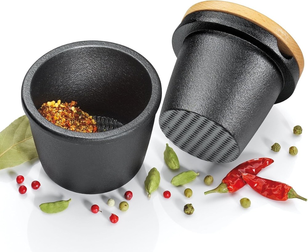 Cast Iron Spice Grinder Set with Beech Wood Lid