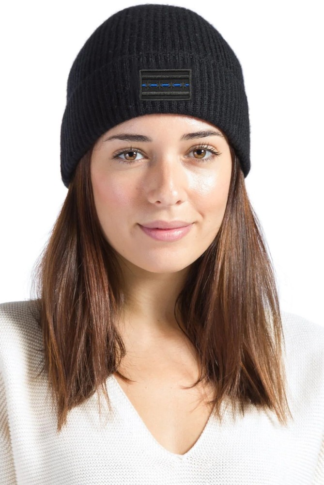 Chicago Flag Blue Line Patch Ribbed Beanie Hat Black