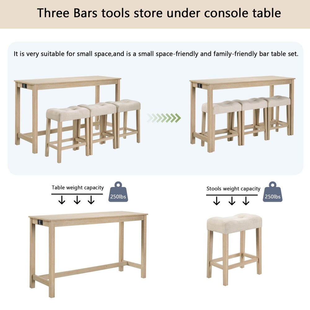 4 Piece Bar Table Set Counter Height Kitchen Dining Table w/ 3 Saddle Bar Stools