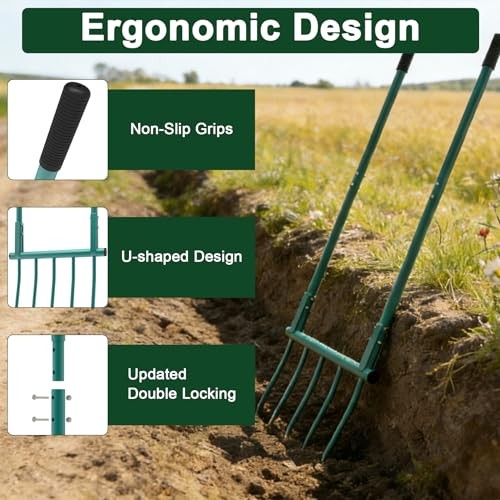 Broad Fork Garden Tool - 5 Tines Heavy Duty Broadfork for Digging, Aqua