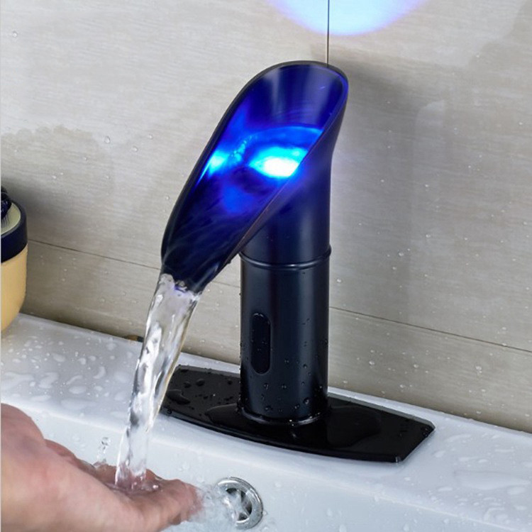 Black Bathroom Basin Faucet LED Automatic Sensor Waterfall Spout Touchless Mixer