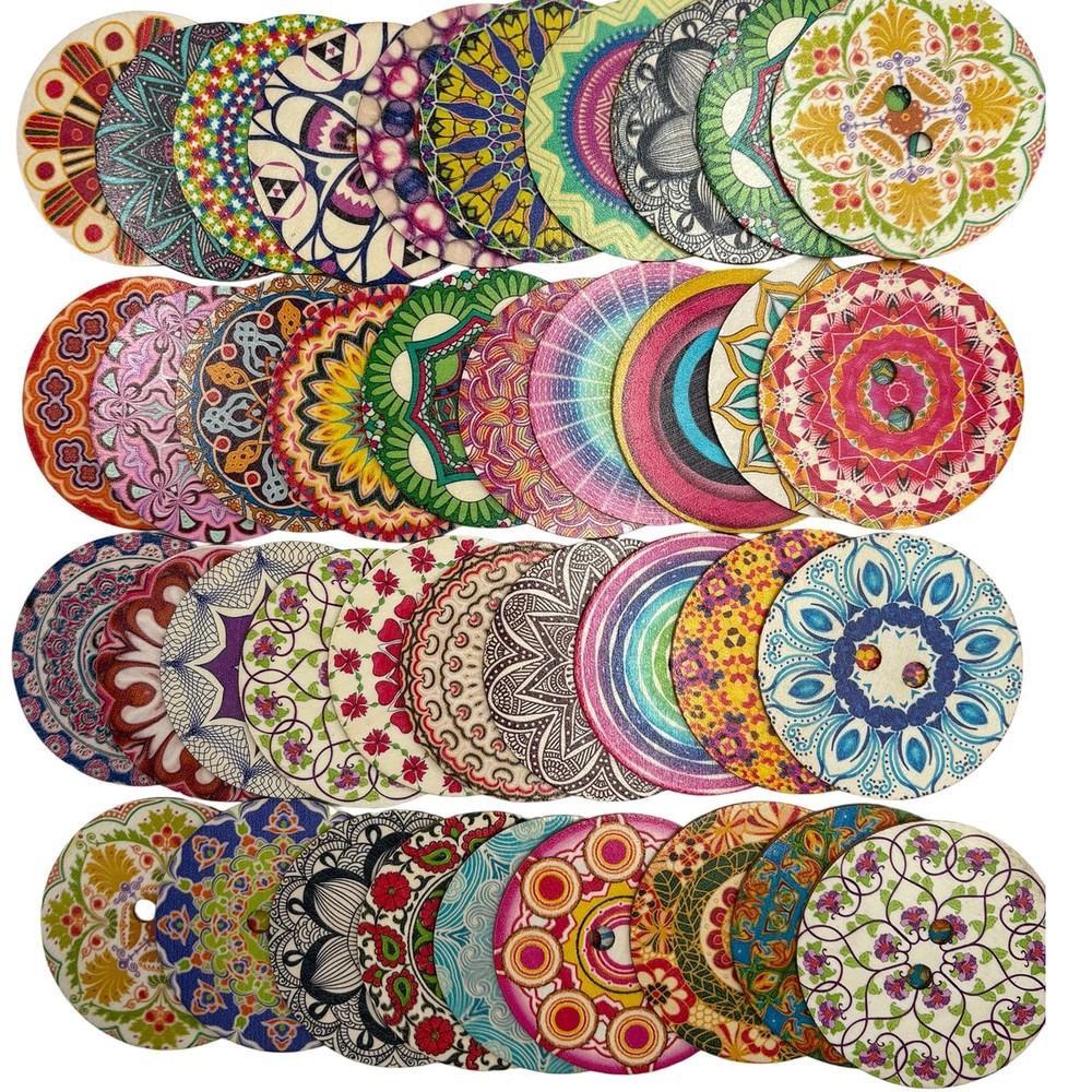 20 Pack Decorative Wood Buttons Mandala Patterns 3 Inch Multicolor Style B