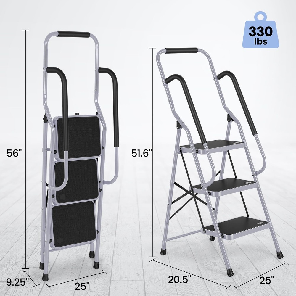 Step Ladder 3 Step Folding with Handrails, Folding Step Stool with Wide Anti-...