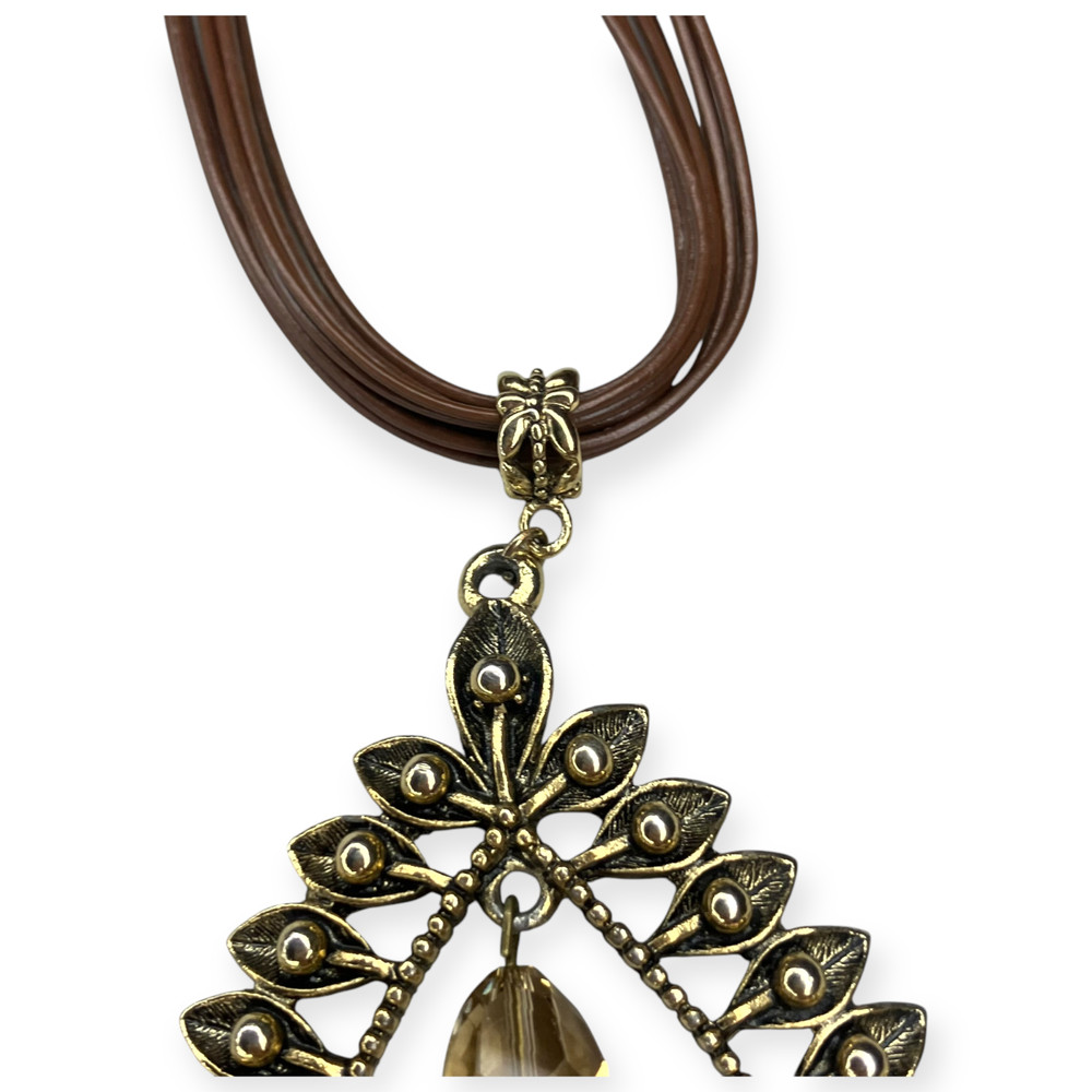 Boho Worn Gold Tone Large Open Teardrop Beaded Pendant Statement 18" Necklace