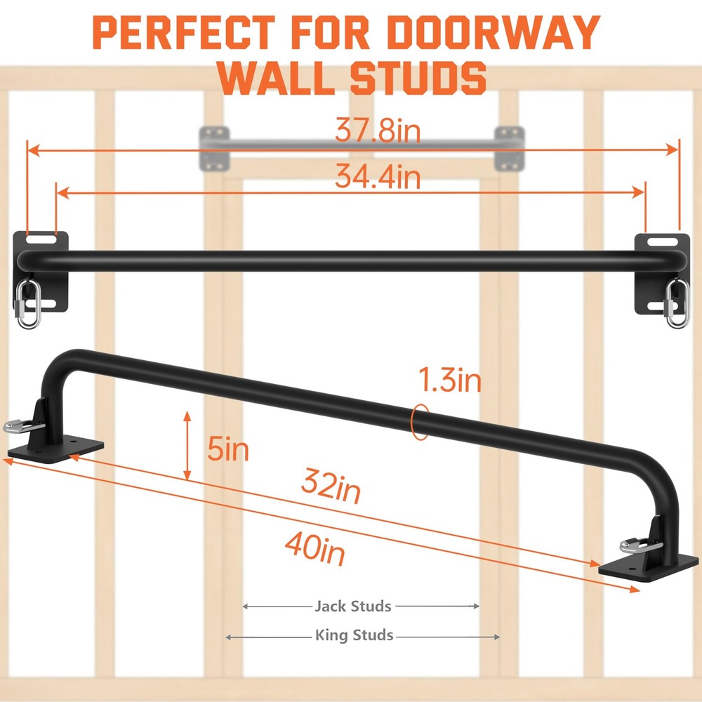 36" Heavy Duty Pull Up Bar Wall/Joist Mounted, 600 LB Capacity, Multi-Grip Ba...