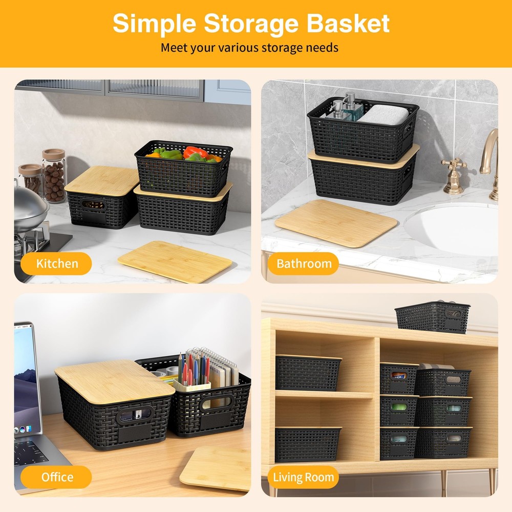 Plastic Storage Baskets with Bamboo Lids and Labels, Stackable Storage Contai...