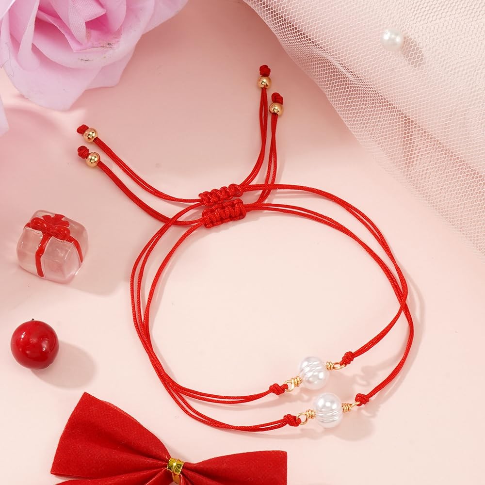 Pearl Red String Matching Beaded Strand Couple Bracelets for Women Men,Stackable