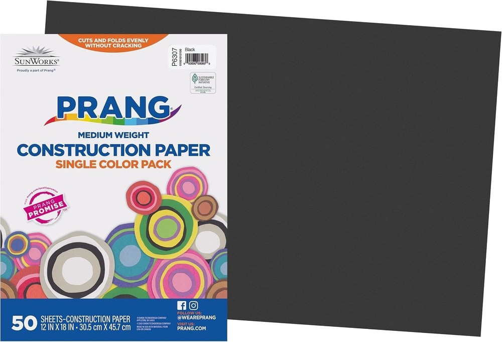 Smooth Black Construction Paper, 50 Sheets, 12" x 18" - Ideal for Projects