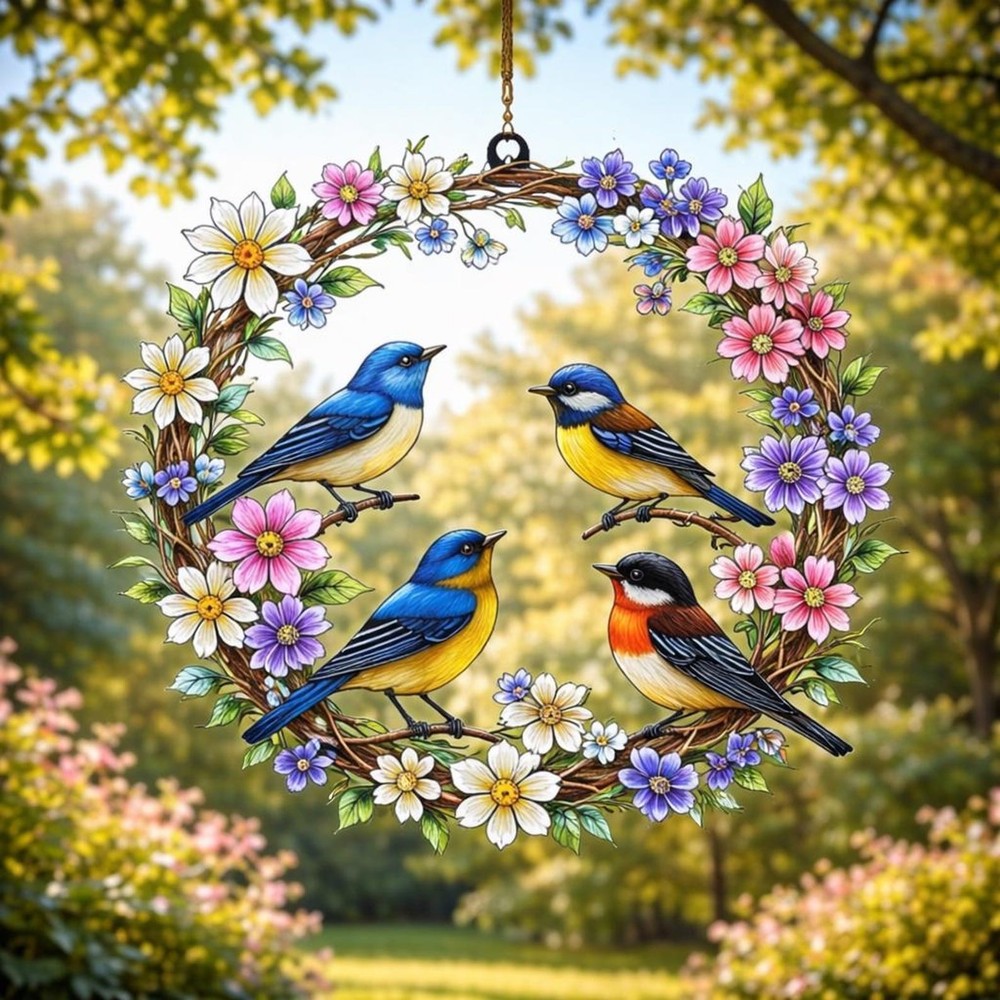 Spring Birds Floral Acrylic Suncatcher