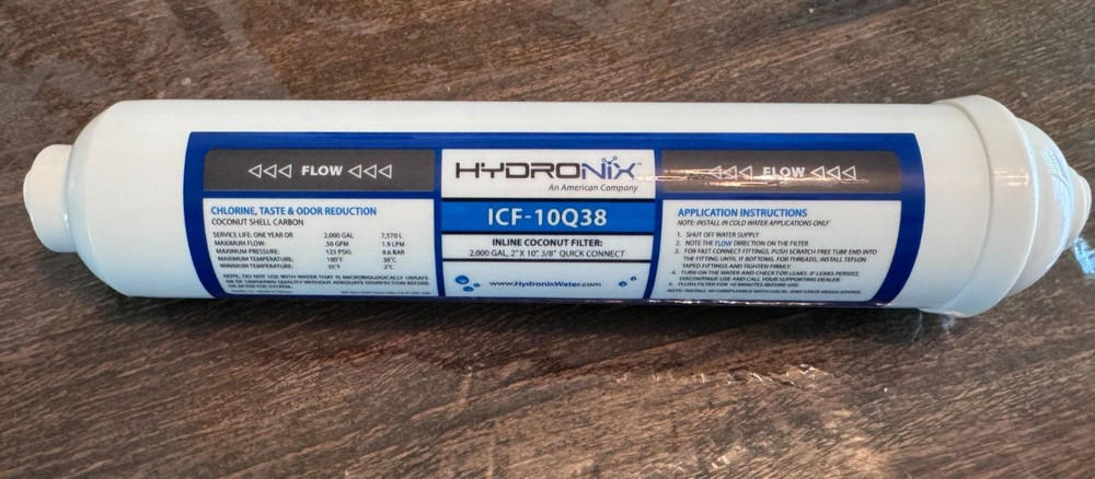 Hydronix ICF-10Q38 Inline Coconut Carbon Water Filter 2000 Gal 3/8 Quick Connect