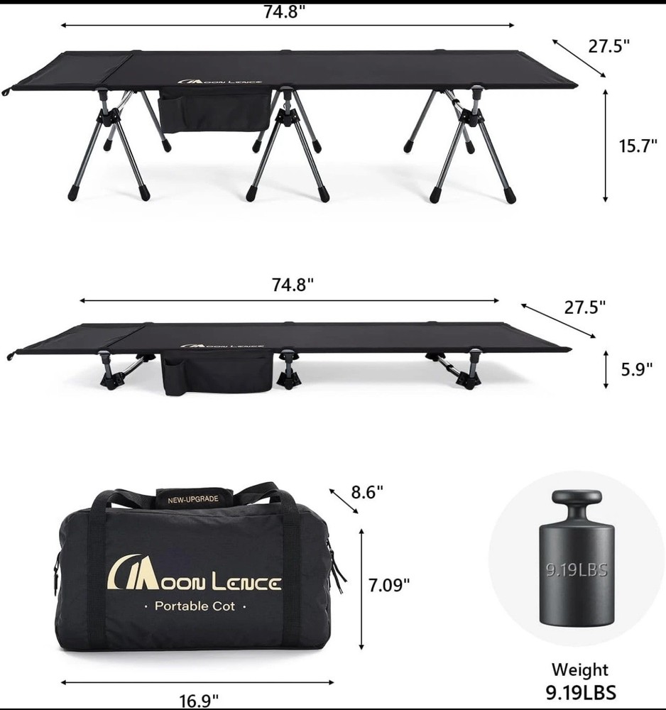 MOON LENCE Height Adjustable Camping Cot - Supports 330 lbs, Portable Folding Be