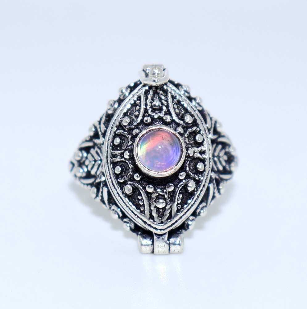 Aurora Opal Stone Poison Ring, 925 Silver Platted, Marquise Shape Ring