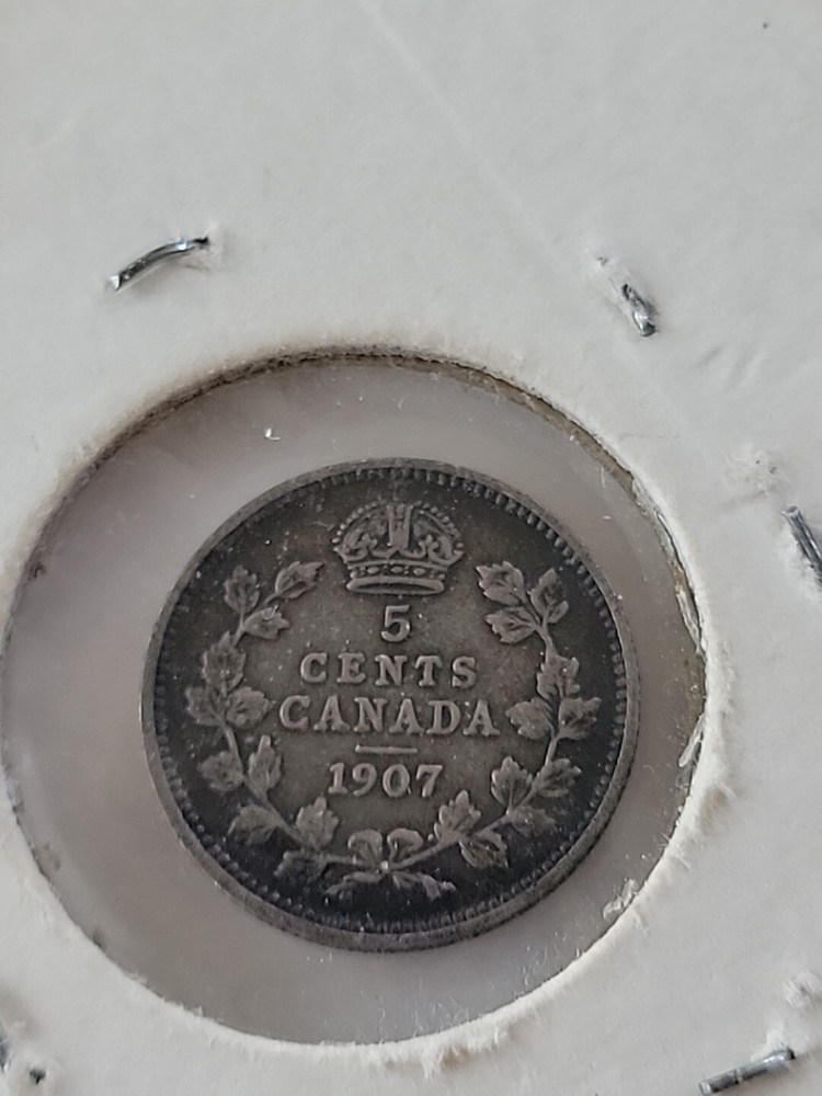 1907 Canada 5 Cents Silver Foreign Coin 1454
