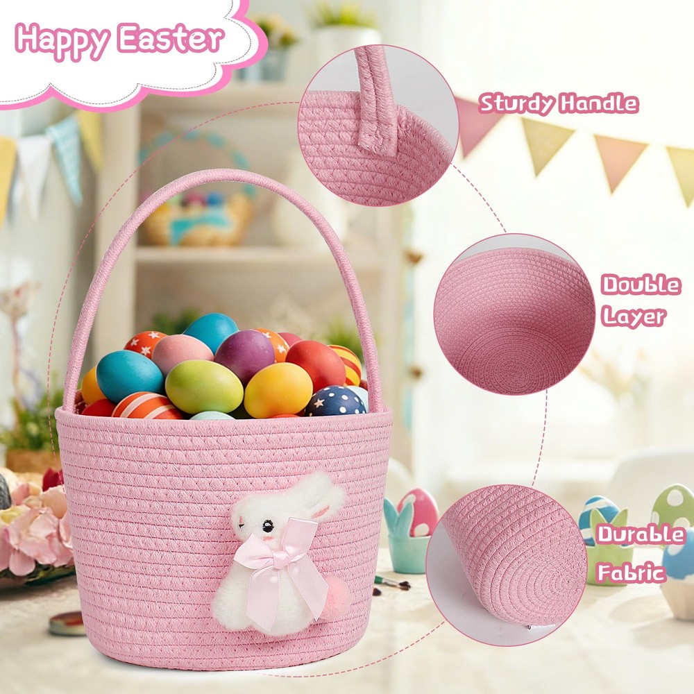 Pink Easter Basket, Bunny Easter Baskets for Kids, Baskets with Handle for Gi...