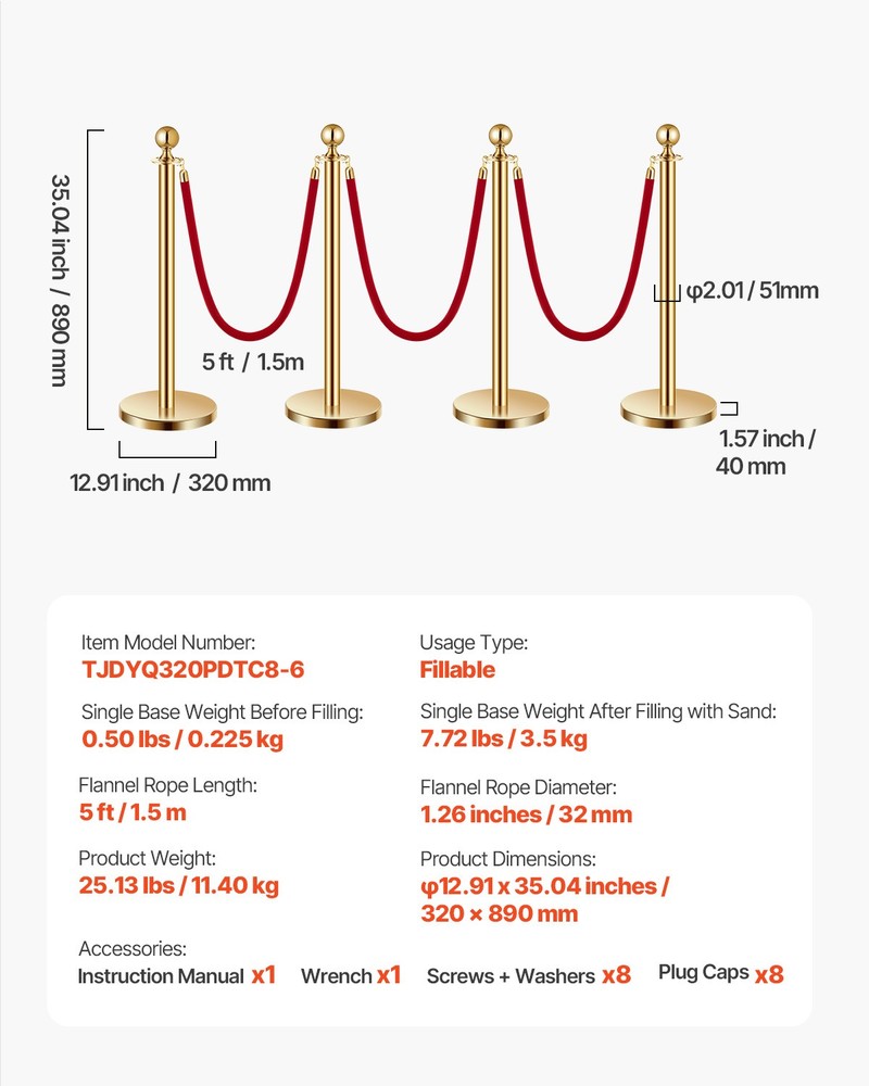 VEVOR 8Pcs Stanchion Post Queue Barrier Crowd Control Sand Injection Base Gold