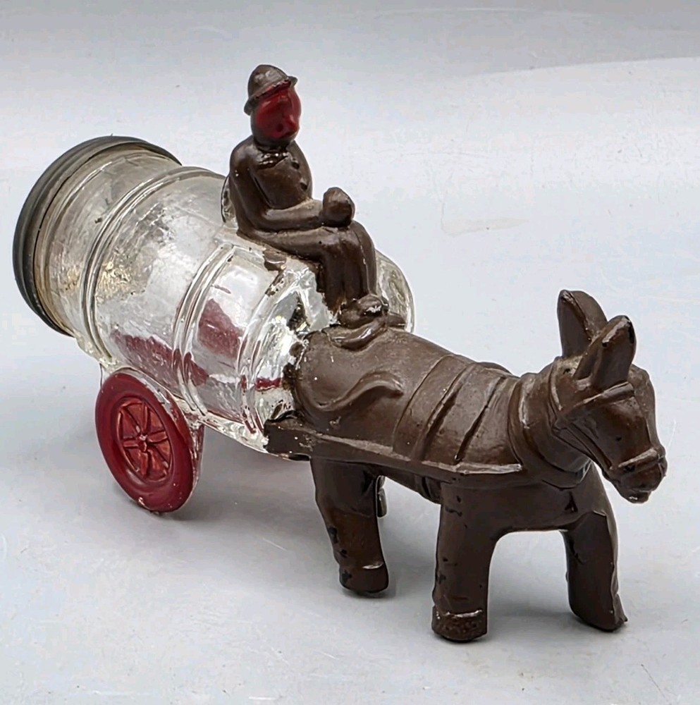 VINTAGE 1940s Victory Glass Figural Donkey & Barrel Candy Container