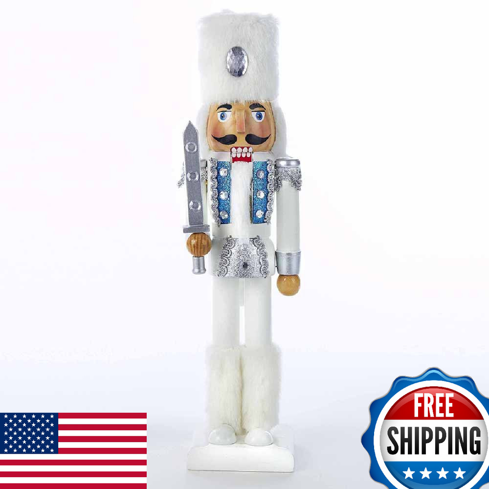 Kurt Adler 15" White Russian Nutcracker w/ Fur Hat & Boots - Silver Sword