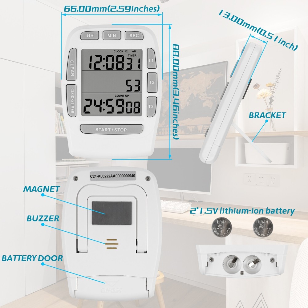Digital Timer with Large LCD 3 Channel,Kitchen Timer,Count Down Up