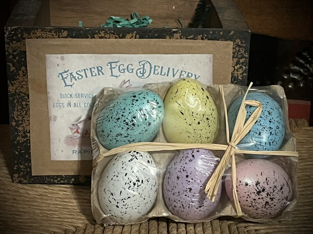 GP Grubby Primitive Easter Egg Bunny Wood Advertising Box w Speckled Eggs OOAK