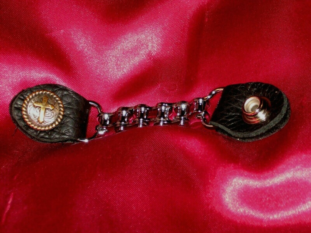 Handcrafted Leather/single Motorcycle Chain Vest Extender Gold Cross