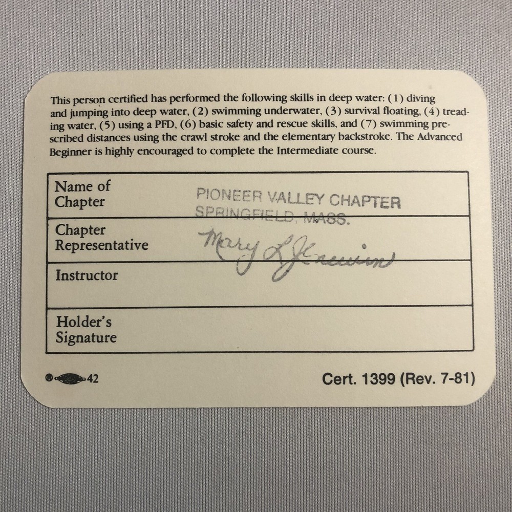 American Red Cross Documents Advanced Beginner Swimming Card Vintage