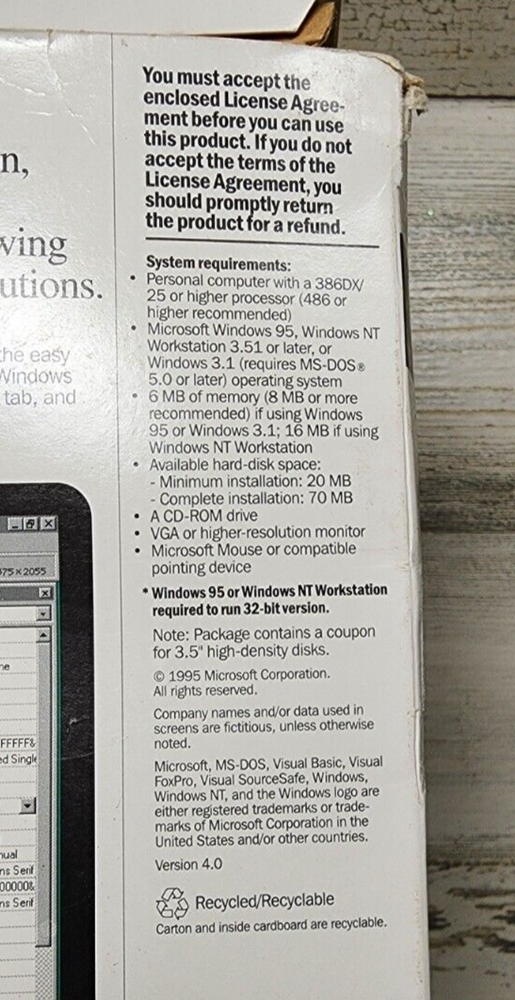 Microsoft Visual Basic Pro Professional Edition 4.0 PC Windows 95 NT 3.1