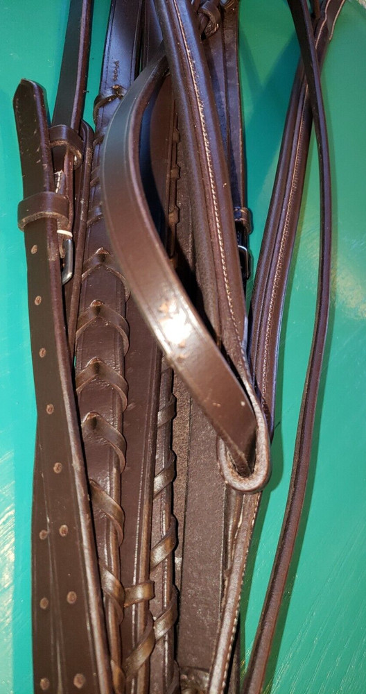DaVinci Bridle Plain Raised Brow & Nose Leather Laced Reins DK Brown Oversized