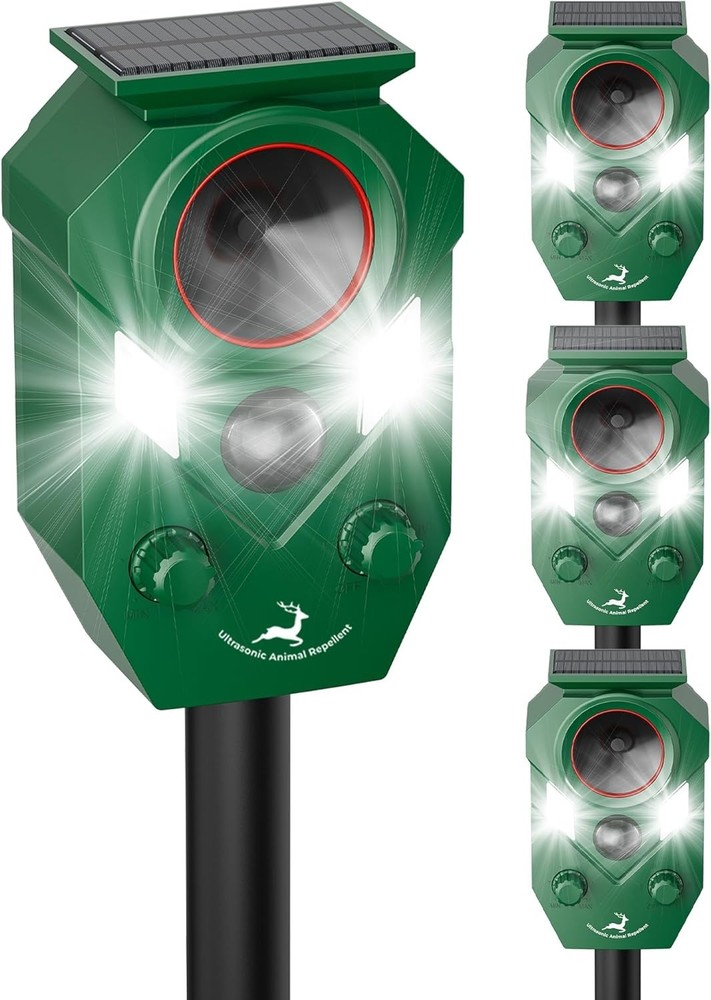Humane Solar Deer Repellent - Ultrasonic Motion Sensor with Strobe Light, 4-Pack