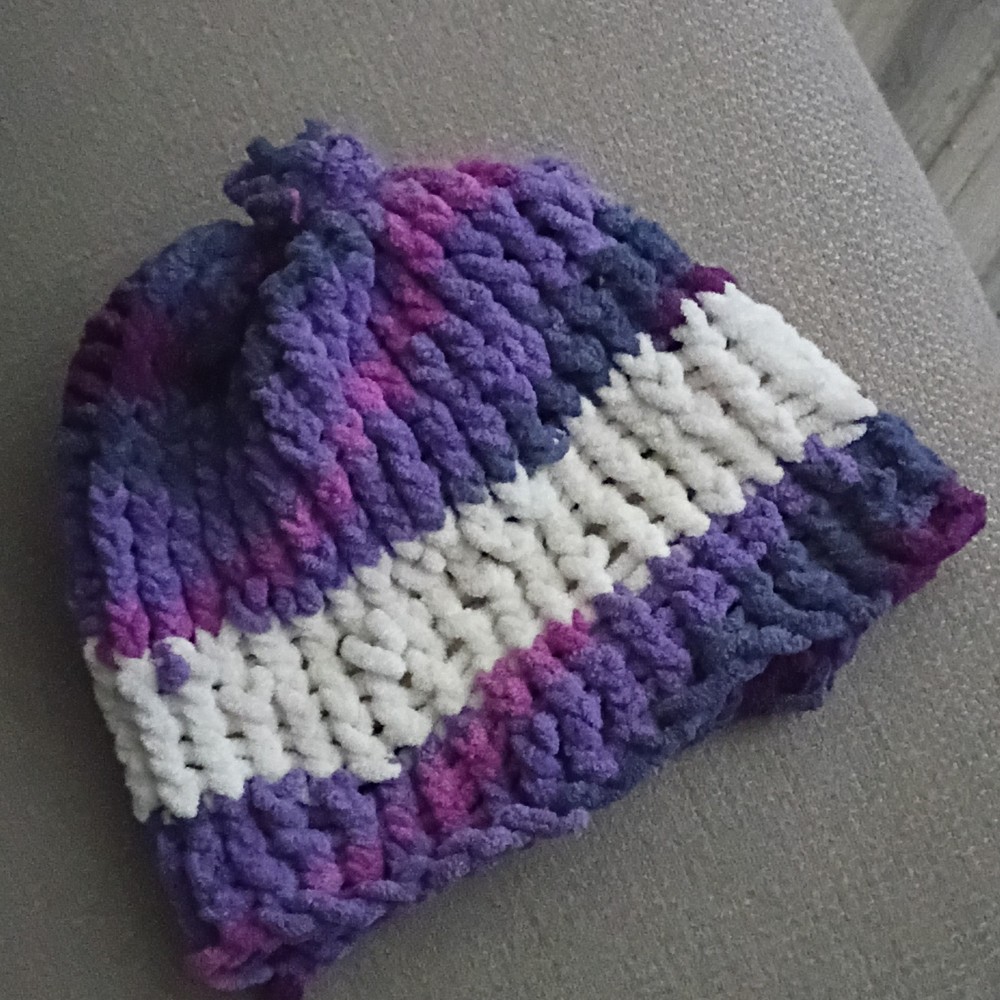 Handmade Knit Hat Purple White Striped Pattern Warm Soft Winter Accessory