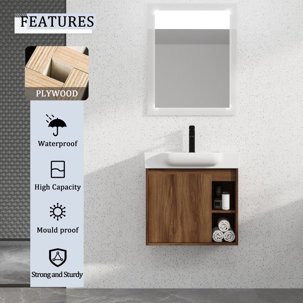 Wall-mounted bathroom vanity White ceramic sink Soft-close doors