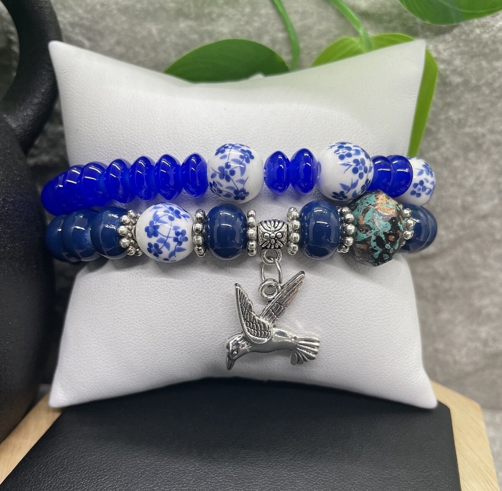2 PC Handmade Boho  Beaded Stackable 7” Plus Stretch Bracelet Set New B1365