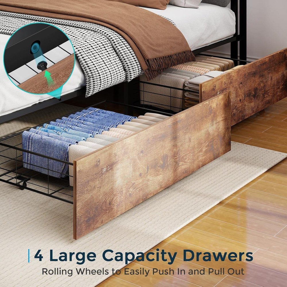 King Queen Full 4 Drawers Platform Bed Frame with LED Light, Charging Station