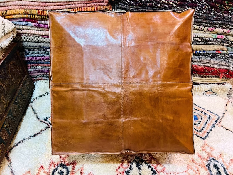 30'' Large Brown Moroccan Leather Pouffe Boho Ottoman Unstuffed Genuine