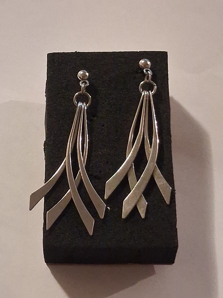 Modernist Drop Dangle Silver toned Earrings, 1.5"