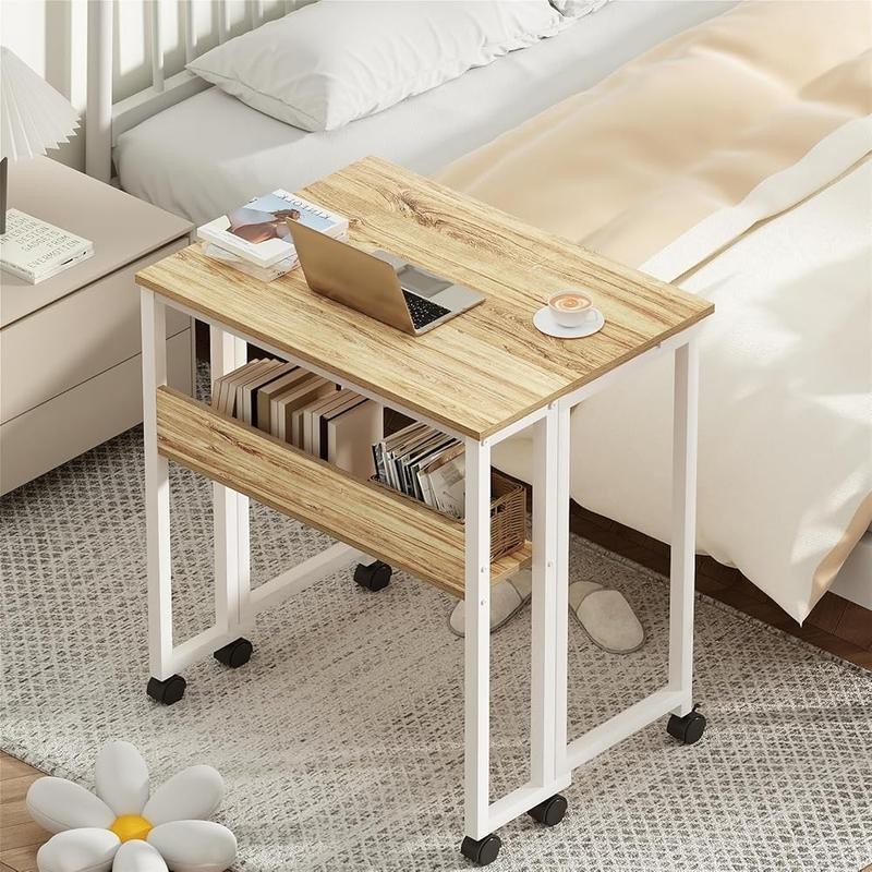Folding Rolling Desk W/ Storage Shelf Portable Compact Computer Desk Small Space