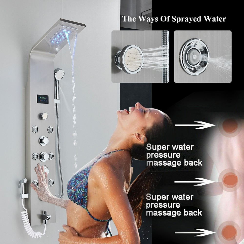 Brushed Nickel Shower Panel Tower System Rainfall Head Massage System Body Jet